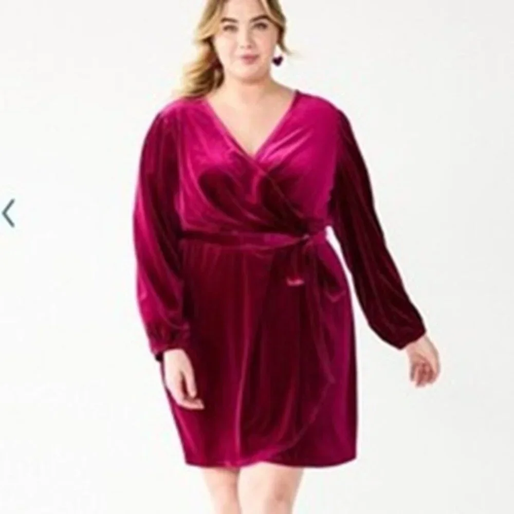 *Nine West Velvet Faux Wrap Dress 4X Tie Waist Holiday Christmas Deep-V Red Wine - Picture 2 of 7